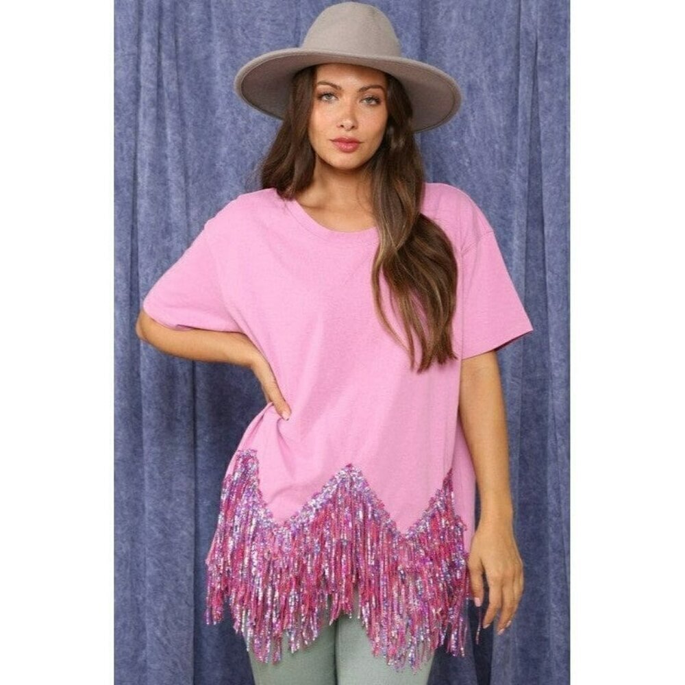 Here for the Fringe Chevron Sequin Top in Lavender - Picture 4 of 10